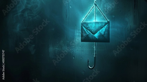 Phishing Awareness A conceptual image of a fishing hook disguised as an email icon, warning viewers about the dangers of falling for phishing scams and fraudulent emails photo
