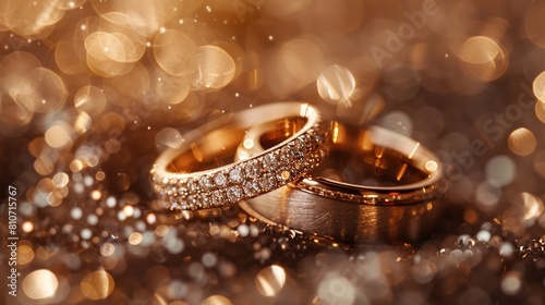 Romance embodied in glittering rings amid a dreamlike golden sparkle