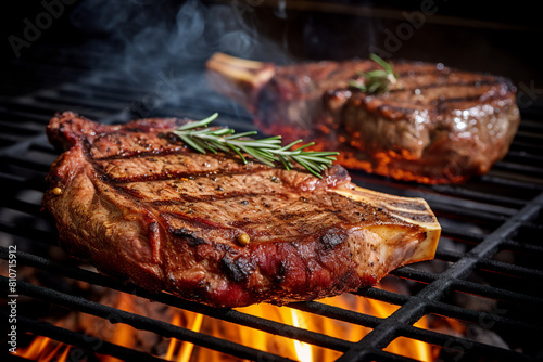 Generated with AI image of roasted steak on grill summer weekend picnic outdoors