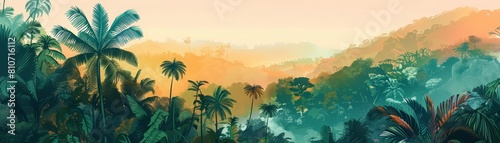Creative colorful landscape of a lush rainforest  where the vivid hues blend into a breathtaking panorama  portrayed in retro color with an illustration template