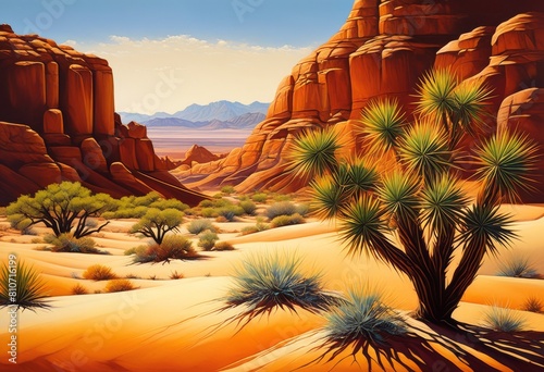 illustration, mesmerizing desert capturing beauty arid landscapes series paintings, scenery, sand, dunes, wilderness, horizon, rocks, cacti, oasis photo