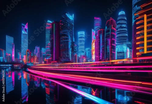 illustration, vibrant urban neon lit cityscapes night, lights, bustling, nightlife, illuminated, energetic, lively, nocturnal, glowing, landscape, environment photo