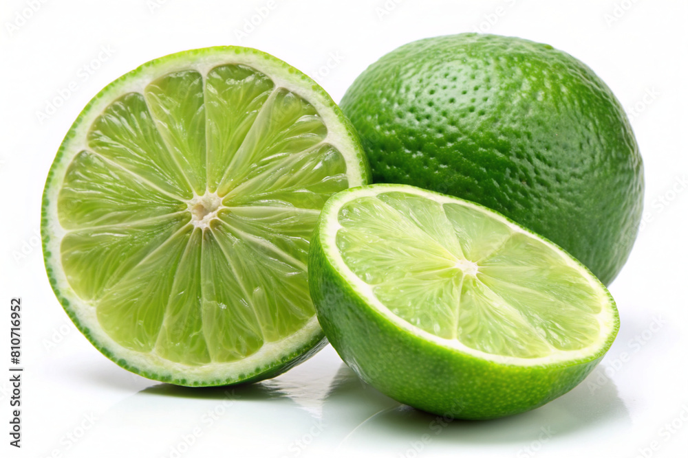 Green lime with cut in half and slices isolated on white background.