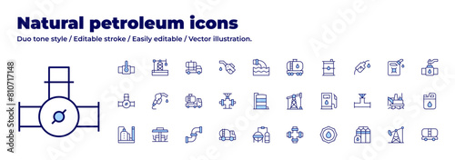 Natural petroleum icons collection. Duo tone style. Editable stroke, dispenser, factory, gas station, oil derrick, oil pump, oil tanker, oil truck, pipe, tank truck, valve. photo