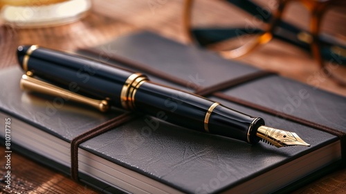 A luxurious black and gold fountain pen on a notebook