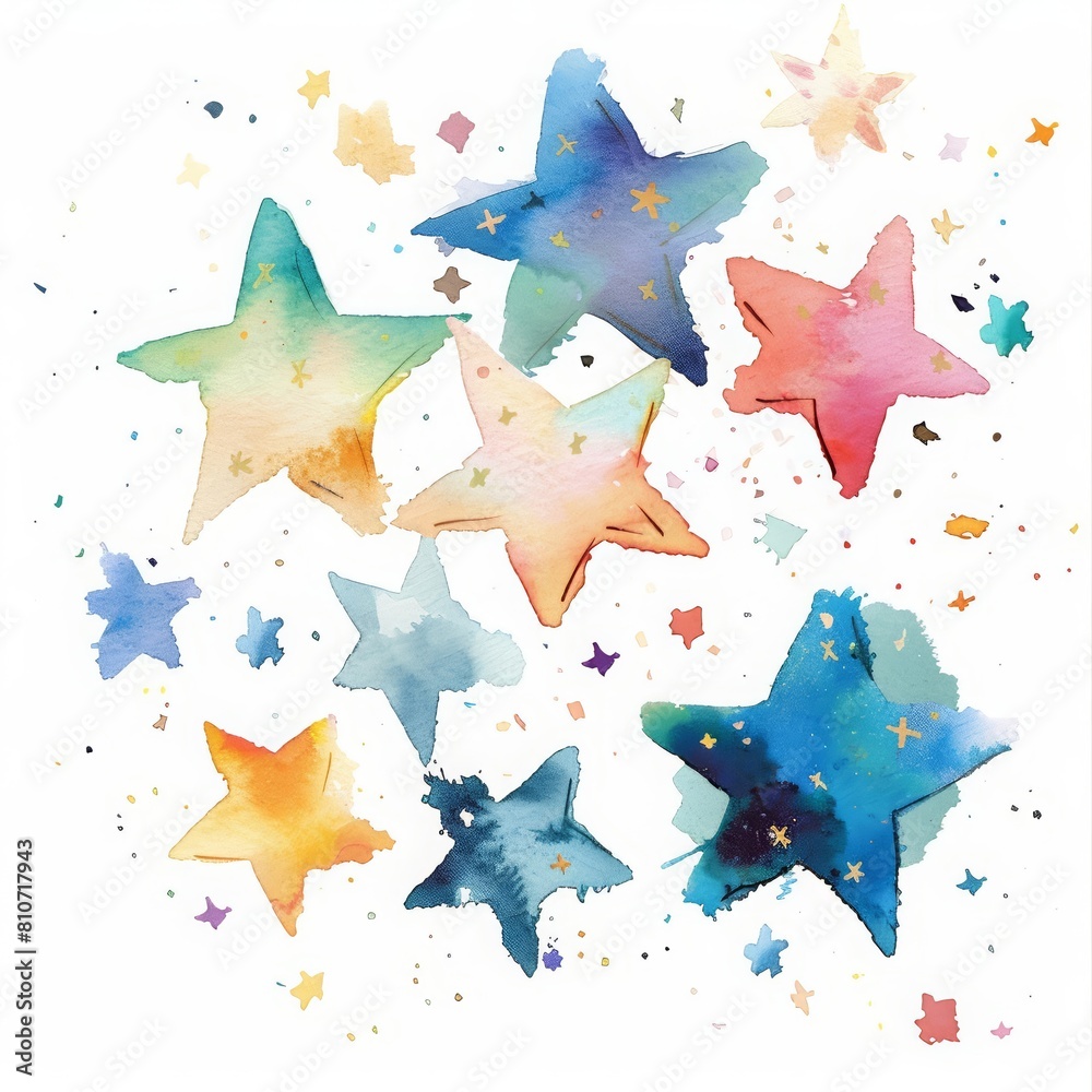 A kawaii watercolor of a cluster of stars, twinkling softly, isolated minimal with white background A kawaii watercolor of a cluster of stars, twinkling softly, isolated minimal with white background