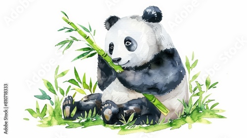 A kawaii watercolor of a panda munching bamboo, adorable and peaceful, isolated minimal with white background