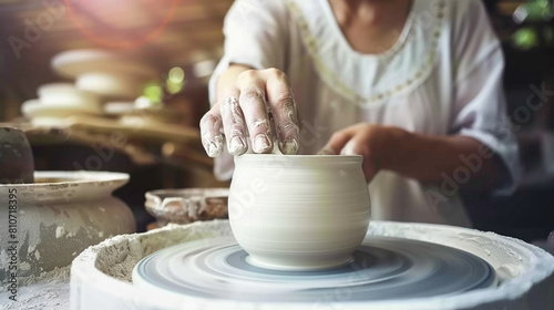 A woman is making a pottery piece on a potter's wheel