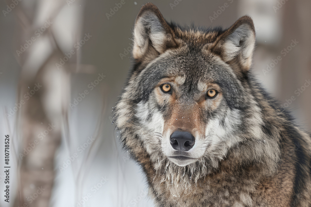 Portrait of Eurasian wolf on snow during sunny day in the forest