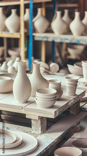 A table full of white ceramic items, including bowls, cups, and vases