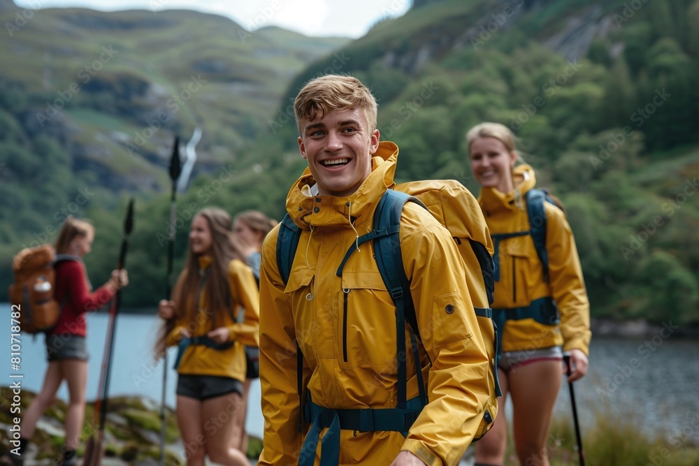 Happy young people hiking mountains wearing yellow rain jackets, an Irish lake with greenery and hills behind them, With backpacks on their backs, one man has blonde hair and smiling, Tour concept