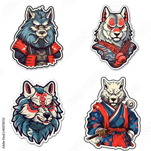 Fierce wolf samurai characters in traditional Japanese attire, ideal for warrior-themed or mythological sticker designs.