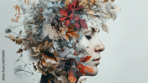 Kobieta trzymająca liście na swojej głowie, wyglądająca na spokojną i zanurzoną w naturze
