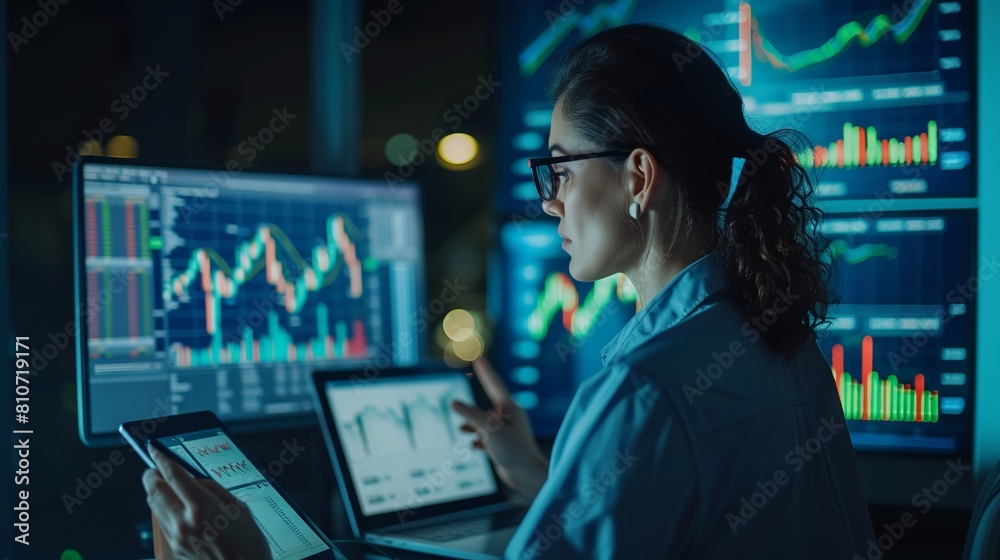 Focused businesswoman analyzing financial trends on laptop and tablet with candlestick charts in modern office setting Focused businesswoman analyzing financial trends on laptop and tablet with candlestick charts in modern office setting