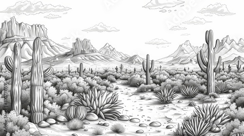 coloring book Black and white desert landscape with cacti and mountains in the background, drawn in pencil.