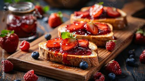 Wooden board of tasty toasts with sweet strawberry jam