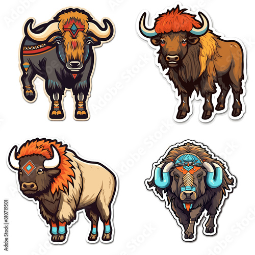 Stylized bison illustrations with tribal-inspired details, featuring bold colors and intricate patterns. A unique wildlife and cultural design perfect for prints, stickers, and digital art projects.