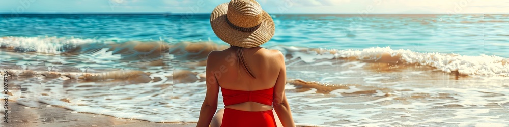 Dreams and rest. A young girl in a red swimsuit and a straw hat sits by the sea on a sunny day. Contemporary art collage. The concept of summer vacation, inspiration, travel. Banner. 
