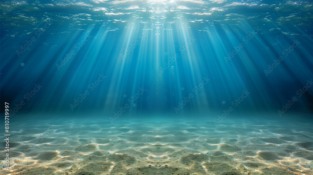 underwater background deep blue sea and beautiful light rays with sandy floor .
