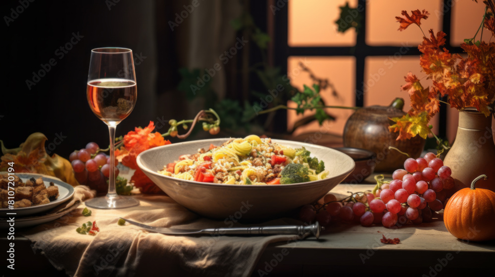 Classic Still Life with Wine Glass and Assorted Fruits on a Rustic Table