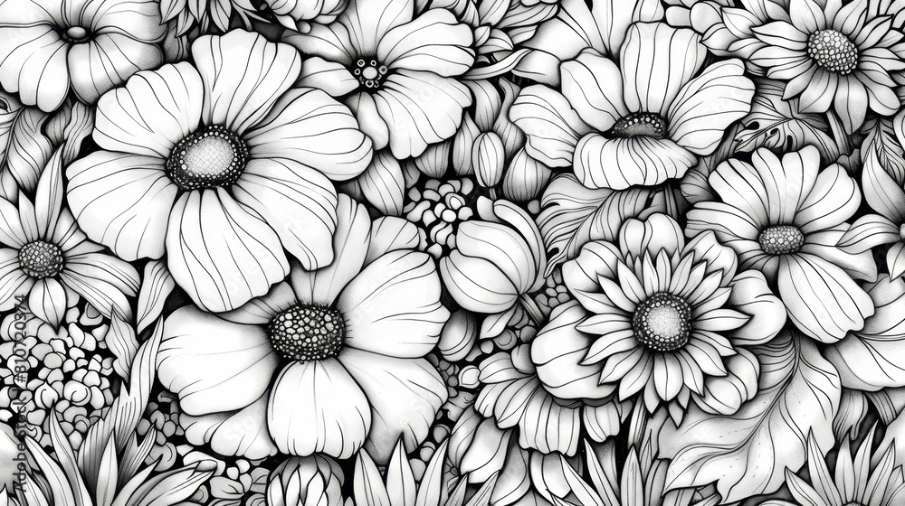 custom made wallpaper toronto digitalcoloring book Black and white image of a field of flowers.