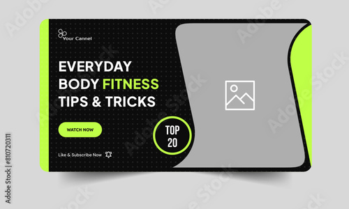 Fully editable vector thumbnail design, body fitness and yoga training tips and tricks video cover banner design, fitness gym class techniques video thumbnail design