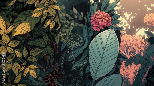 Na obrazie znajdują się szczegółowe ilustracje botanicznych okazów kwiatów i liści. Są one ułożone w sposób regularny, tworząc przyjemny widok na ścianie photo