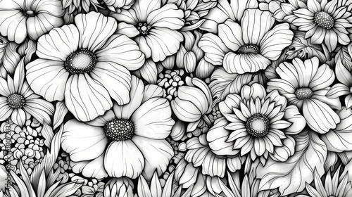 Wallpaper Mural coloring book Black and white image of a field of flowers. Torontodigital.ca
