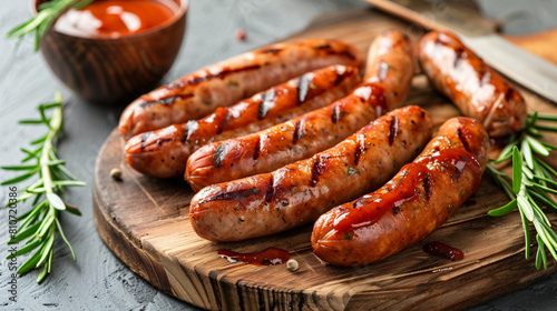 Wooden board with delicious grilled sausages sauce and