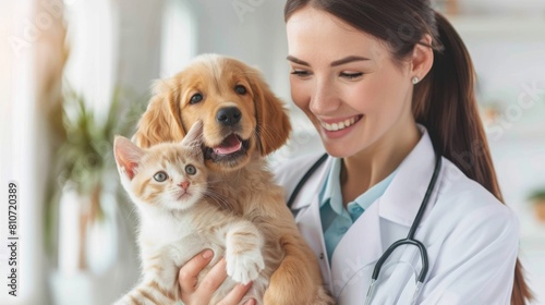 Veterinarian with Puppy and Kitten photo
