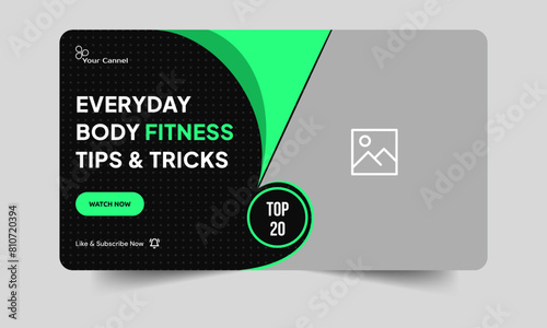 Customizable vector eps body fitness video cover banner design, daily fitness and yoga tips video thumbnail banner design
