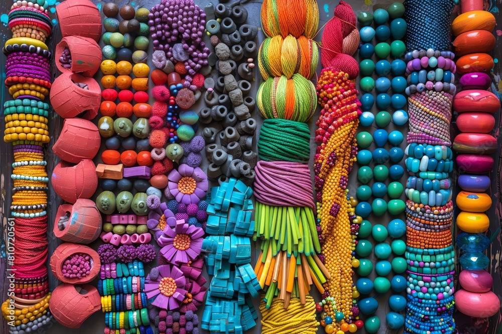 colorful array of clay sculptures of crafting supplies from a rear perspective Show vibrant hues and different shapes of beads, threads, and papers sculpted intricately, clay sculpture