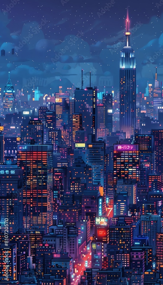 Explore the intricate details of a bustling city skyline at night in a pixel art style, highlighting the shimmering lights and urban energy with glossy ceramic glaze effects