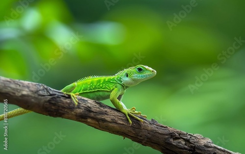 Green lizard on a branch, green lizard basking on a branch, green lizard climbing a log, jubata lizard, during a sunny day