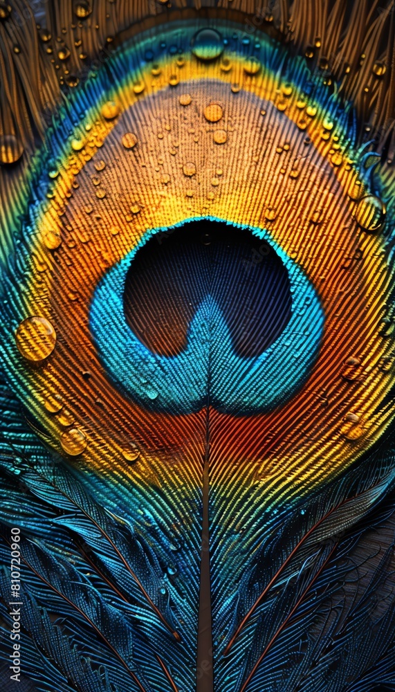 Obraz premium photorealistic close-up of a peacock feather using digital CG 3D techniques, highlighting the mesmerizing colors and intricate texture