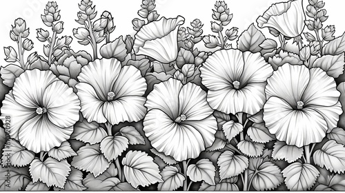 coloring book Black and white image of hollyhocks and other flowers.