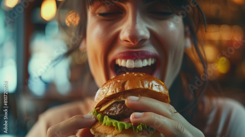Young Woman Enjoying a Burger in a Cafe