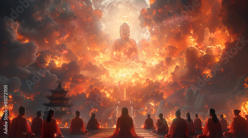 buddhist monks sitting in front of a huge fire filled sky photo