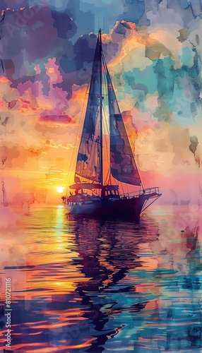 Bring to life the romance and tranquility of sunset cruises in a serene traditional watercolor painting, showcasing a wide-angle perspective of a silhouetted yacht gliding gracefully across the calm,
