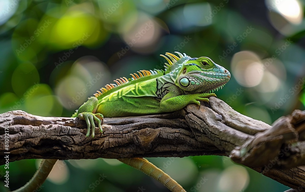 Green lizard on a branch, green lizard basking on a branch, green lizard climbing a log, jubata lizard, during a sunny day Green lizard on a branch, green lizard basking on a branch, green lizard climbing a log, jubata lizard, during a sunny day