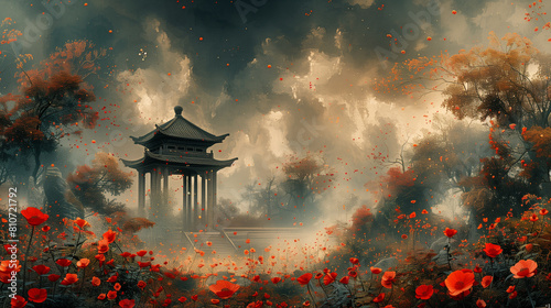 there is a picture of a pagoda in the middle of a field of flowers photo