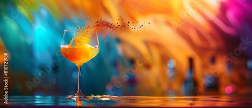 Explore a happy hour mocktail recipe that flies in a food explosion, illuminated by a colorful backdrop that provides a captivating and indulgent visual spectacle photo