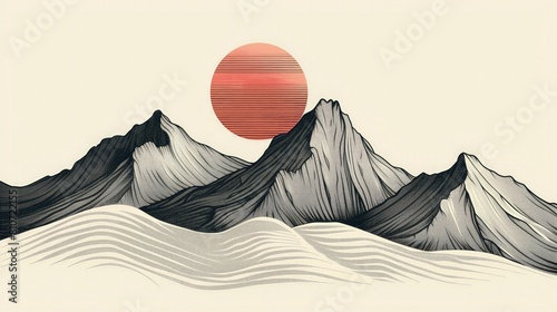 Na rysunku widoczne są góry z czerwonym słońcem w tle. Linie są proste i minimalistyczne, a skala jest standardowa