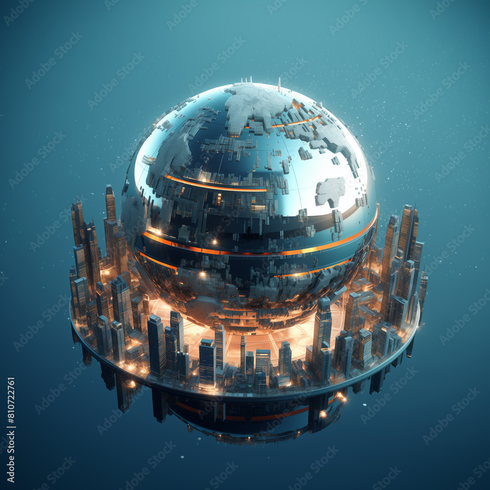 there is a futuristic city with a large silver sphere in the middle