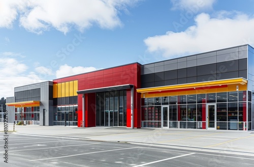 Exterior view of a retail supermarket building against a blue sky background, inviting customers with its vibrant facade