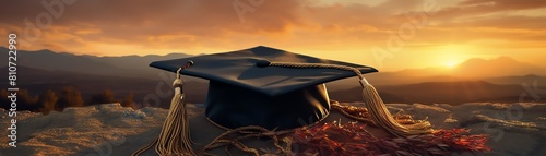 Closeup of a glossy graduation cap with a gold tassel against a sunset, symbolizing the end of an academic journey and the beginning of a new chapter photo