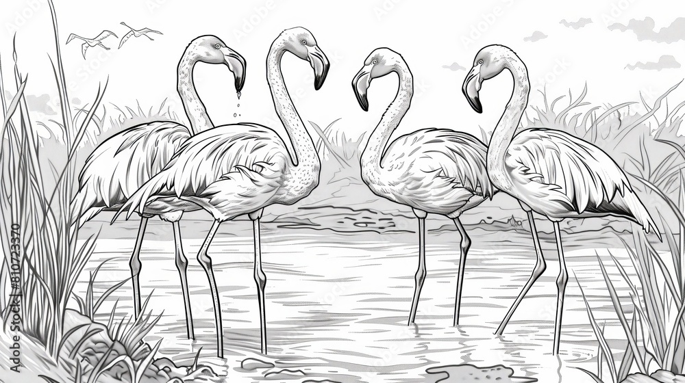 Obraz premium coloring book Four graceful flamingos standing in a serene lake, surrounded byLu Wei
