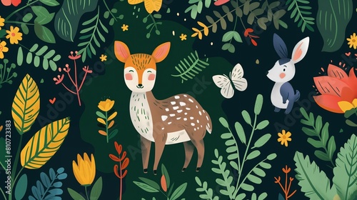 Fototapeta Naklejka Na Ścianę i Meble -  Obraz przedstawia leśną scenę z jeleniem i królikiem. Jelen i królik są przedstawieni w naturalnym środowisku lasu