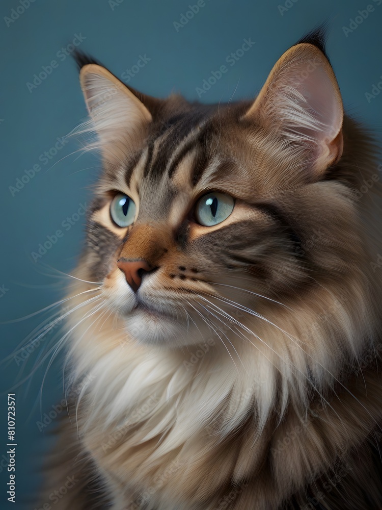 A Norwegian Forest cat is sitting on a blue background. AI generated image