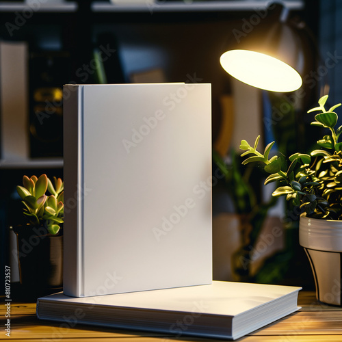 Mockup of a new book with blank white cover in modern neat style on a wooden desk in a room at night with bookshelves background. Square template for social media post for books and advertisement.
